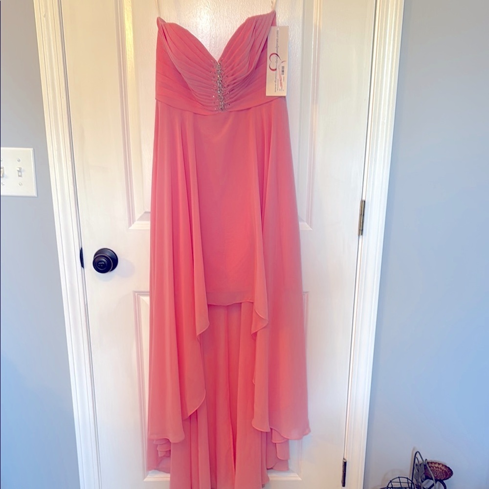 Allure Bridals Pink Asymmetrical Ruched High-Low Gown